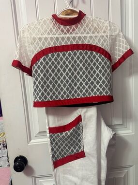 Revolution White Mesh Crop Top and Pants Set with Red Trim Hip-Hop Costume